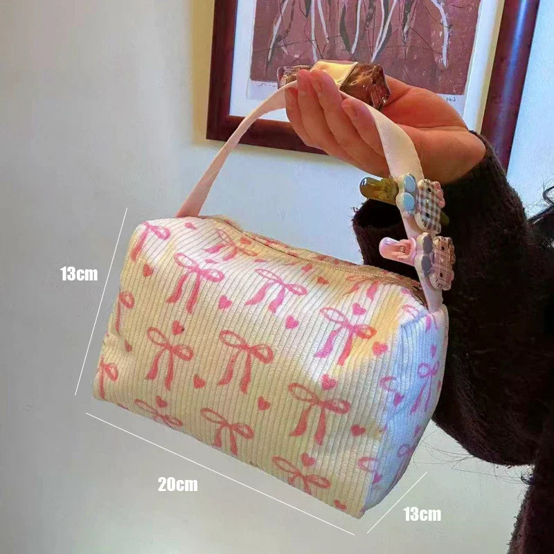 Corduroy Cosmetic Bag – Bow Print Large Capacity Makeup Bag