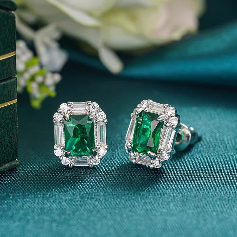 Huitan Green Cubic Zirconia Stud Earrings | Geometric Fashion