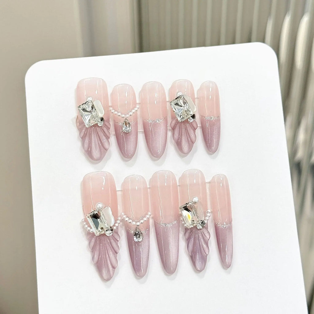 Handmade Press On Nails 3D Shell Crystal Purple Cat Eye – 10pcs