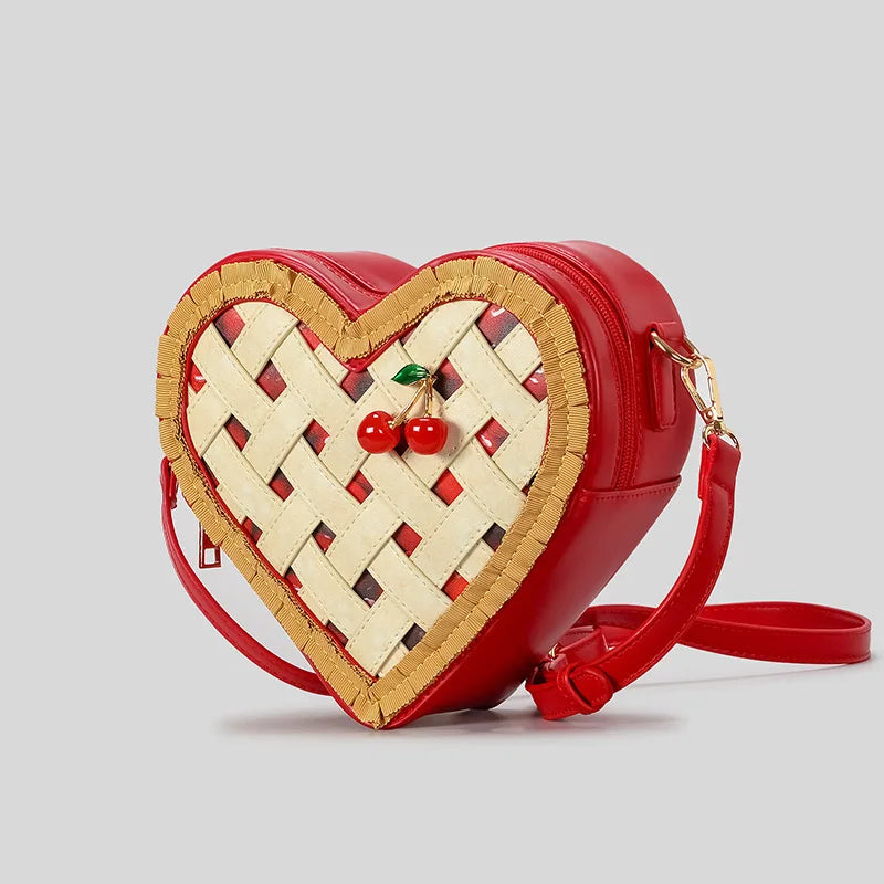 Sweet Love Hearts Shaped Crossbody Bag Women Cute Cherry Ornament Red