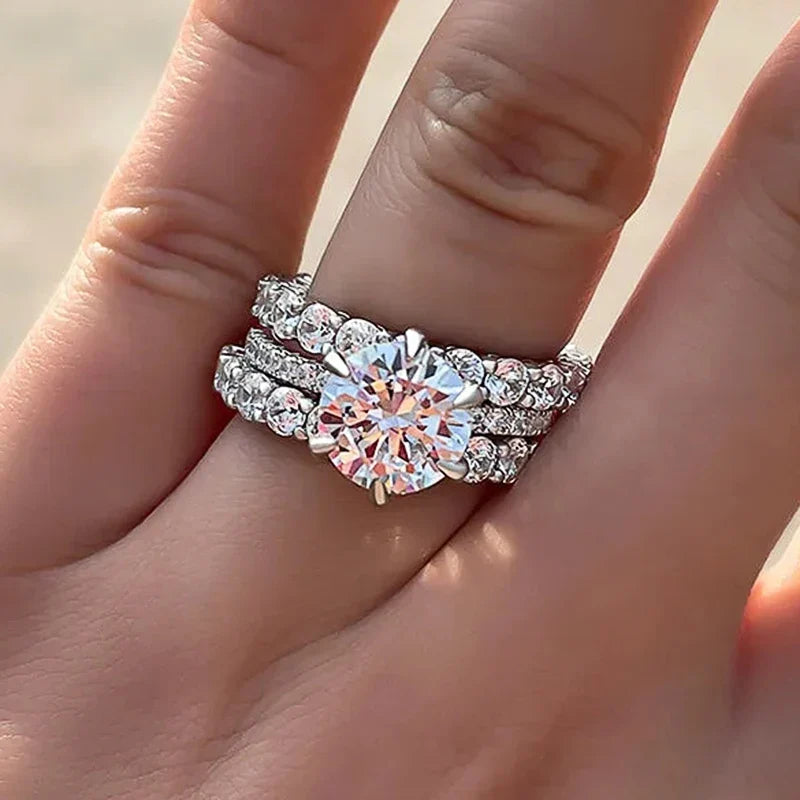 Huitan 3-Piece Bridal Ring Set – Silver & CZ Wedding Rings