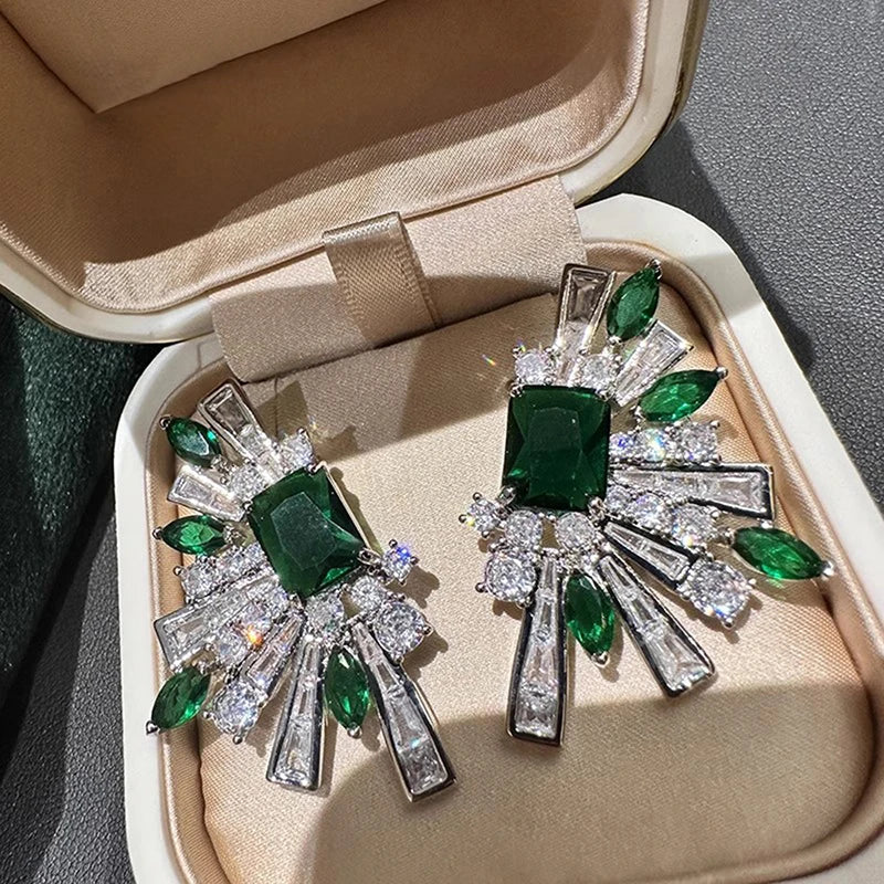 Huitan Green Cubic Zirconia Stud Earrings | CZ Geometric Studs