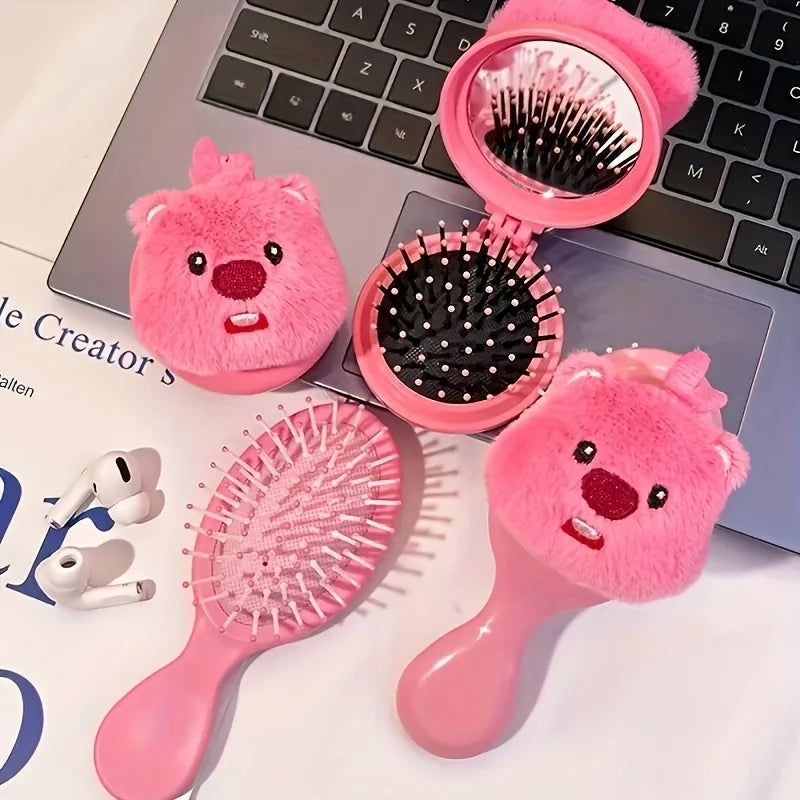 Plush Pink Bear Mini Hair Brush & Mirror Set | Travel Ready