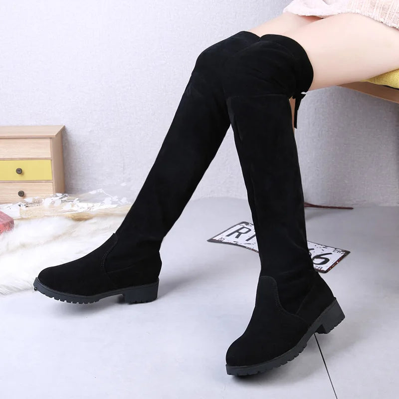 Women's Winter Knee-High Lace-Up Velvet Wedge Boots
