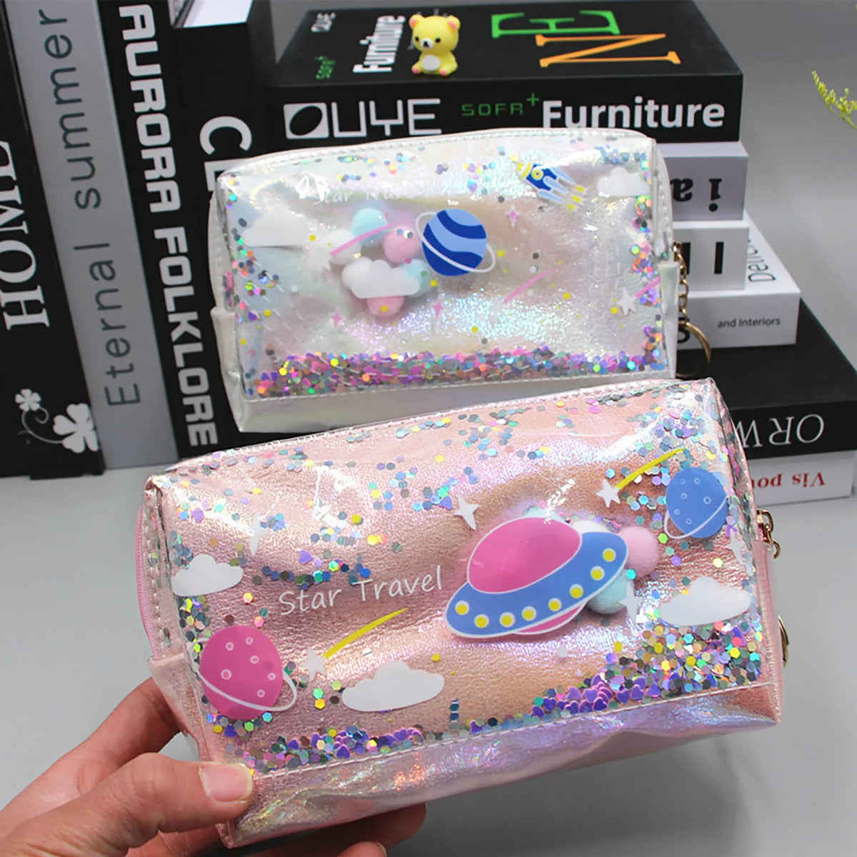 Glitter Planet Makeup Bag | Large Travel Cosmetic Pouch for Girls