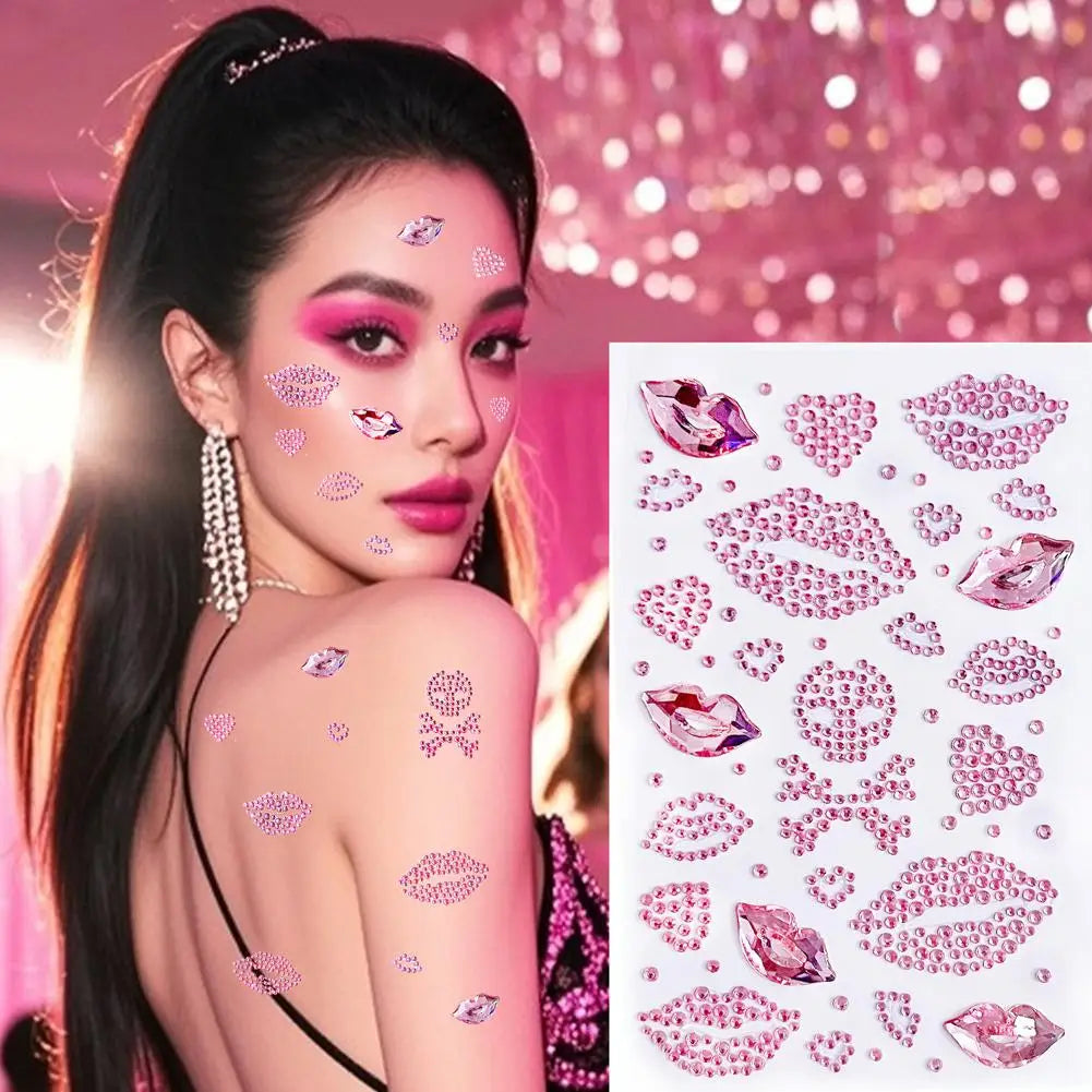 Rhinestone Heart & Lips Face Gems – Glitter Body Stickers