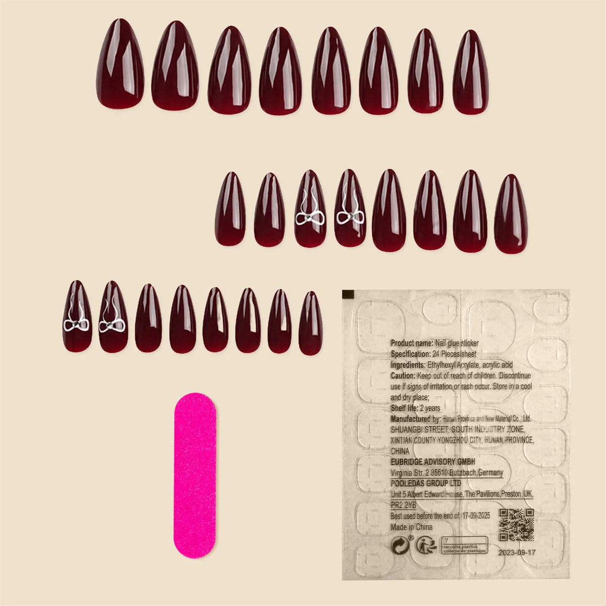 Korean Bow Press On Nails – Wine Red Almond | 24pcs Set