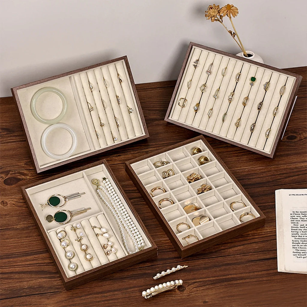 Walnut Wood Grain Jewelry Box Storage Tray Rings Necklaces Earrings