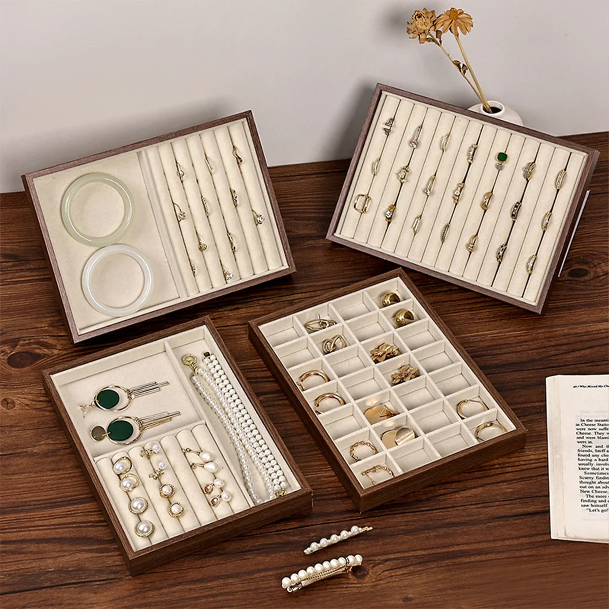 Walnut Wood Grain Jewelry Box Storage Tray Rings Necklaces Earrings