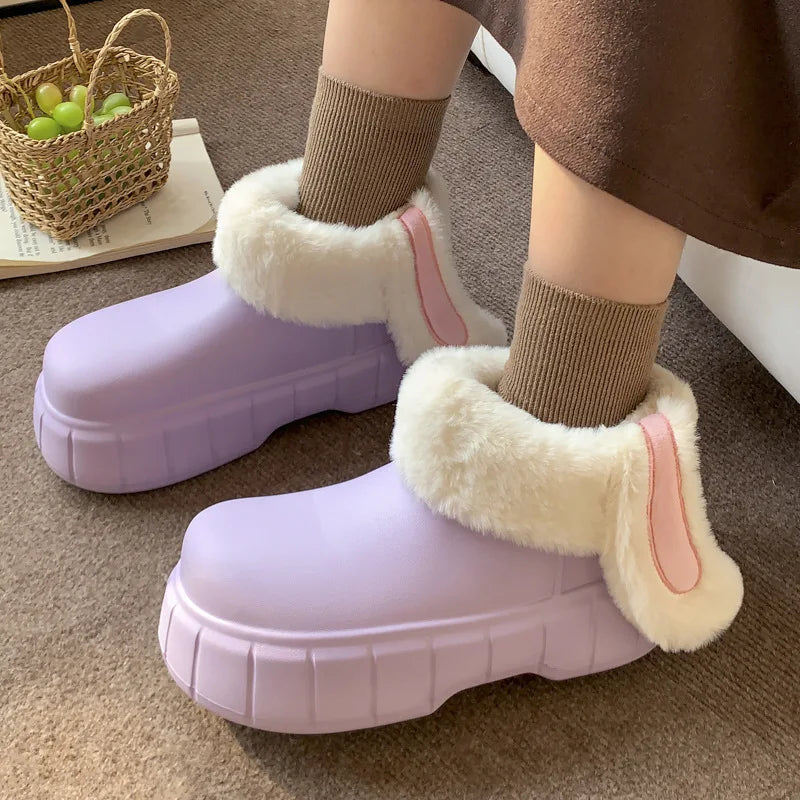 Women's Rabbit Ear Plush Platform Slippers – Waterproof Winter