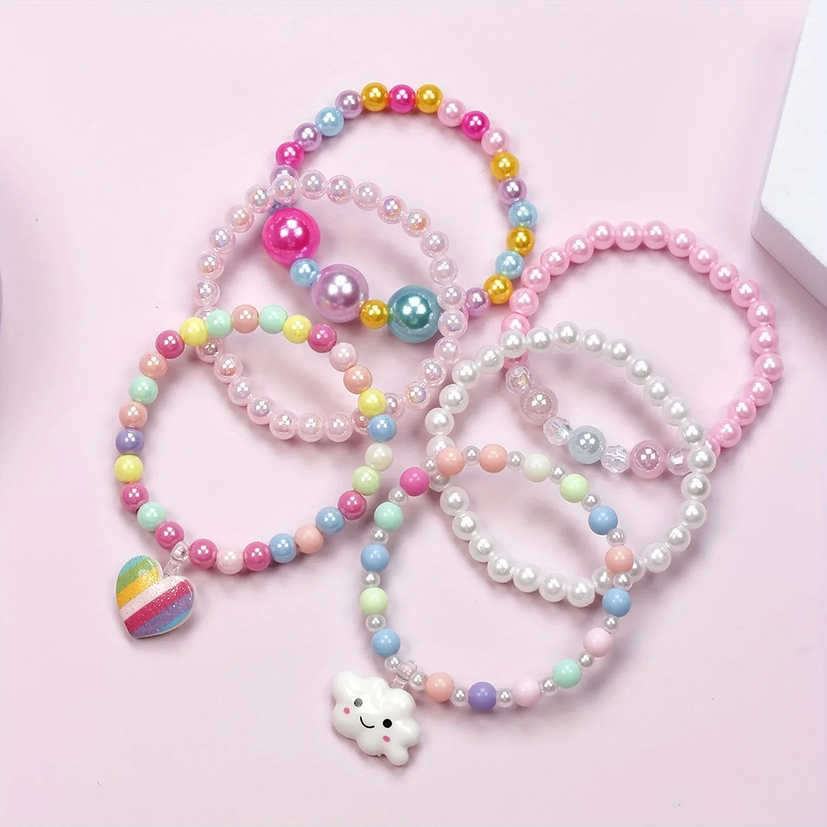 Kids Rainbow Beaded Bracelets 6-Pack | Love Cloud Charm Pendants