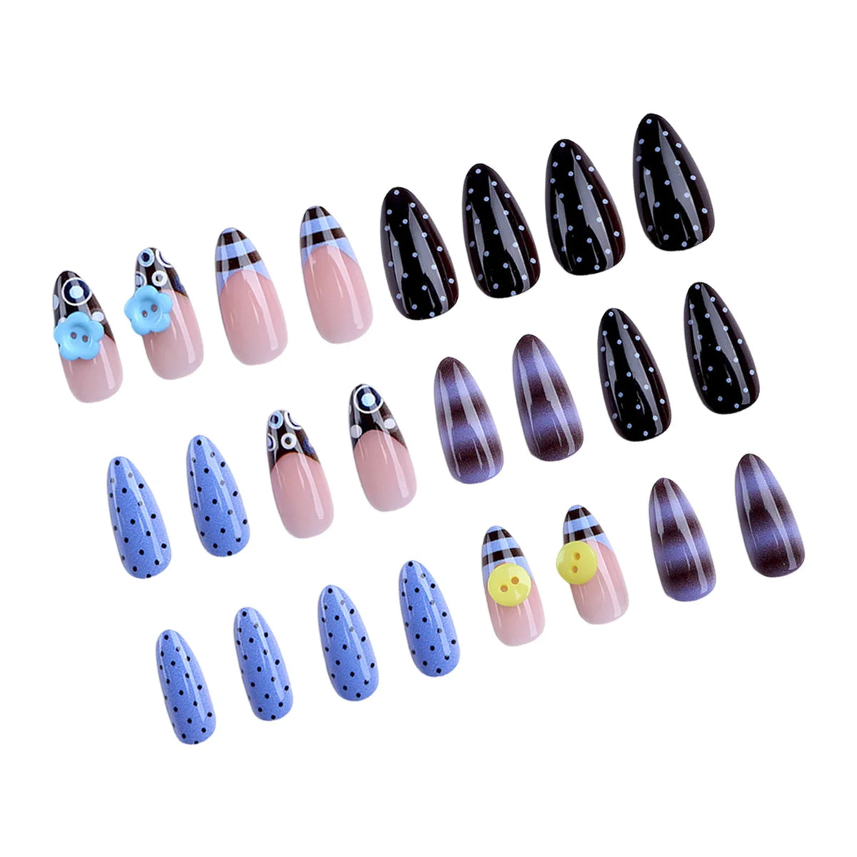 24pcs 3D Flower Press-On Nails Y2K Brown Blue Gradient Almond