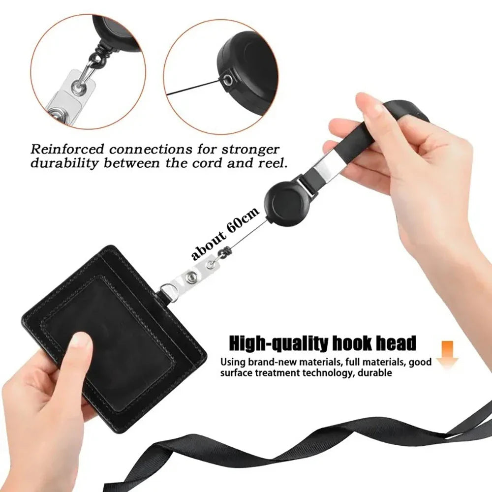 Bview Art PU ID Card Holder Retractable Badge Reel Neck Lanyard