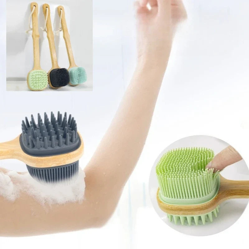 Soft Silicone Body Cleansing Brush Detachable Long Wooden Handle