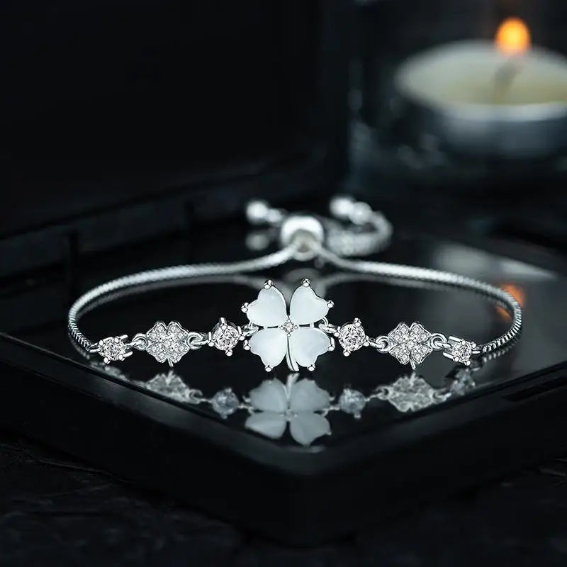 Four Leaf Clover Zircon Opal Charm Bracelet | Adjustable Bangle