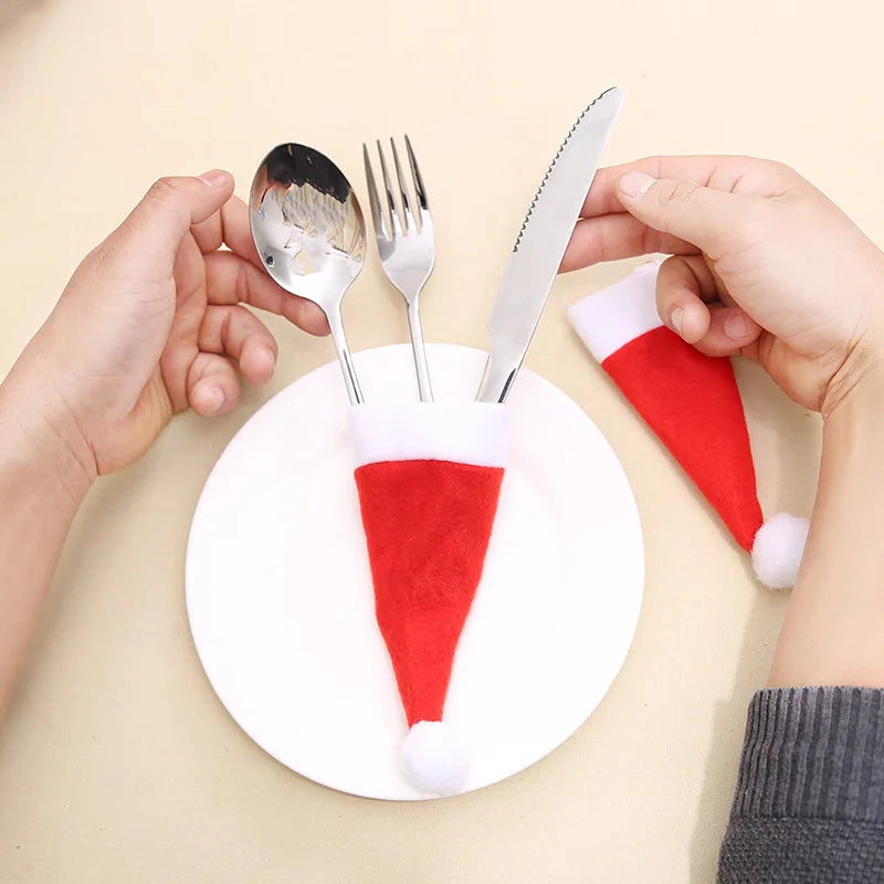 10-Piece Christmas Hat Cutlery Holders & Wine Bottle Covers