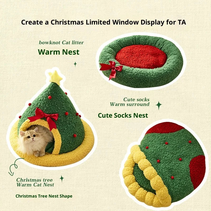 Autumn Winter Warm Cat Bed Deep Sleep Semi-enclosed Dog Christmas