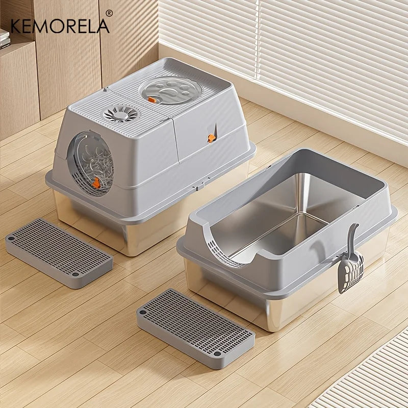 KEMORELA XL Stainless Steel Cat Litter Box – High-Sided + Scoop