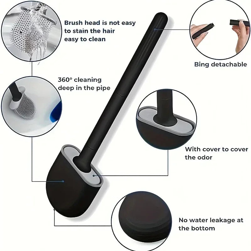 Silicone Toilet Brush & Wall-Mount Holder Set | Flexible Flat Head