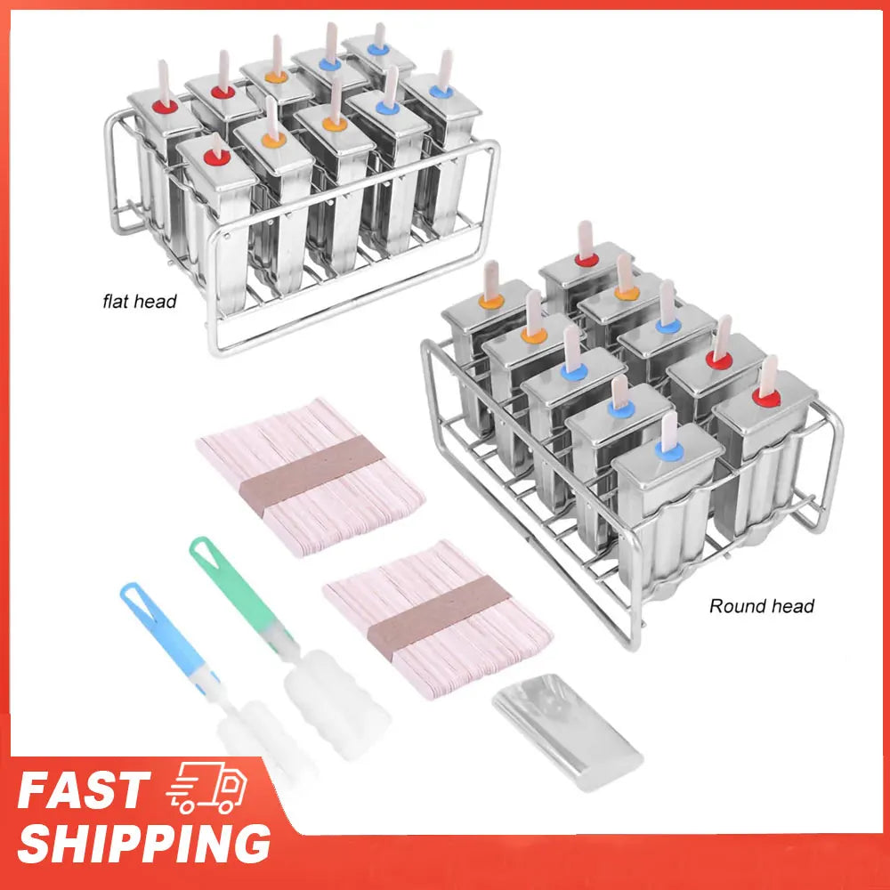 10 Molds Stainless Steel Ice Cream Mould Lolly Popsicle Stick Holder