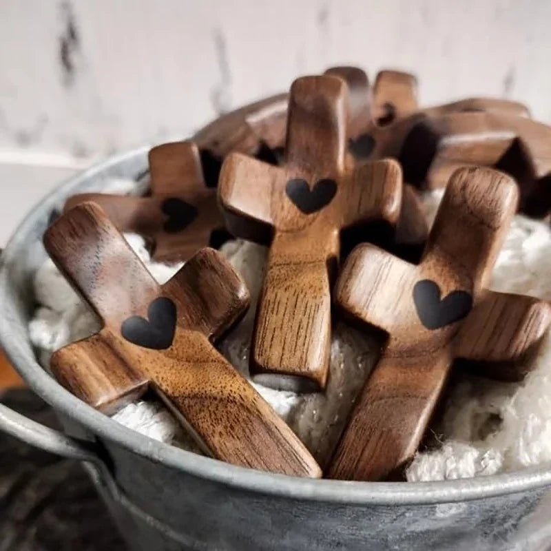 3-Pack Pocket Wooden Cross with Epoxy Heart | Faith Gift Set