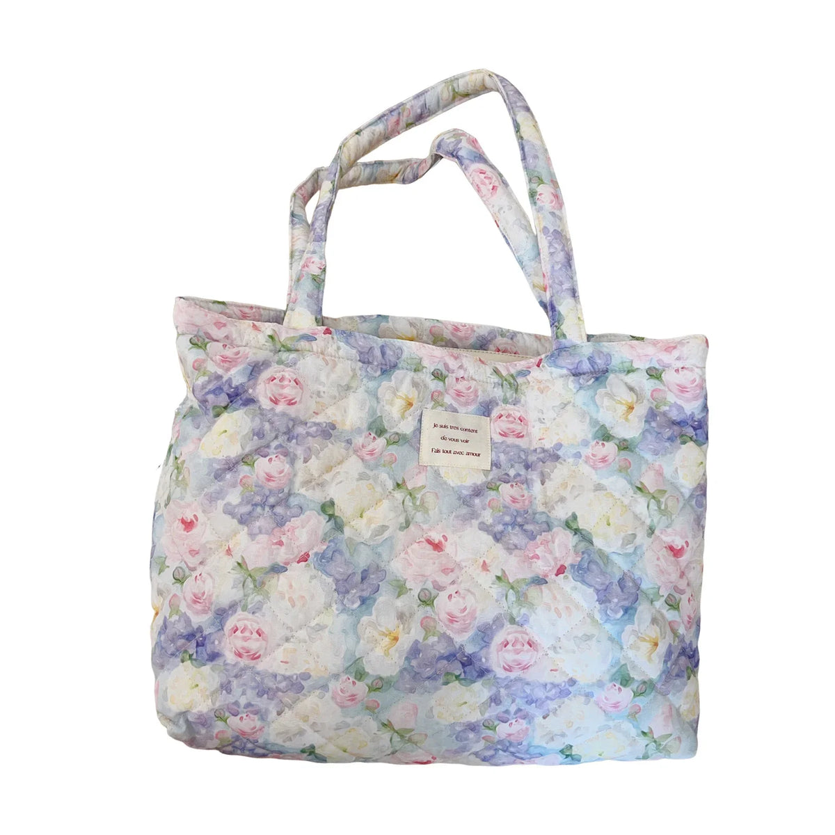 French Floral Quilted Tote Bag – Large Canvas Shoulder Handbag