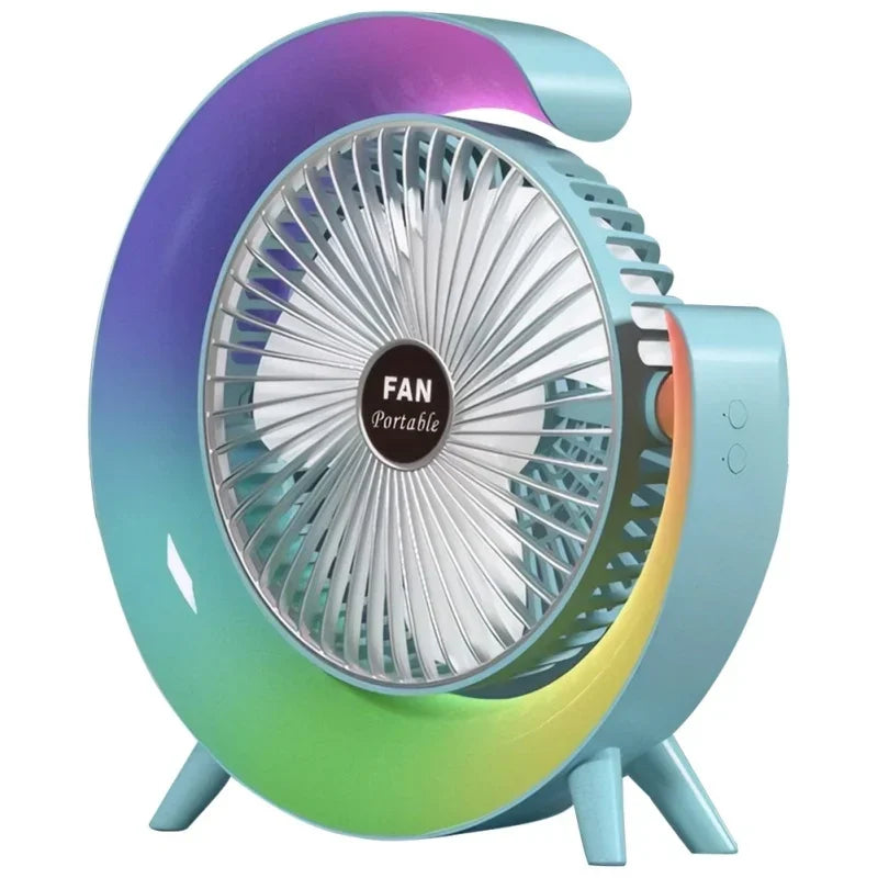 USB Rechargeable Mini Desk Fan with Color-Changing LED Lights