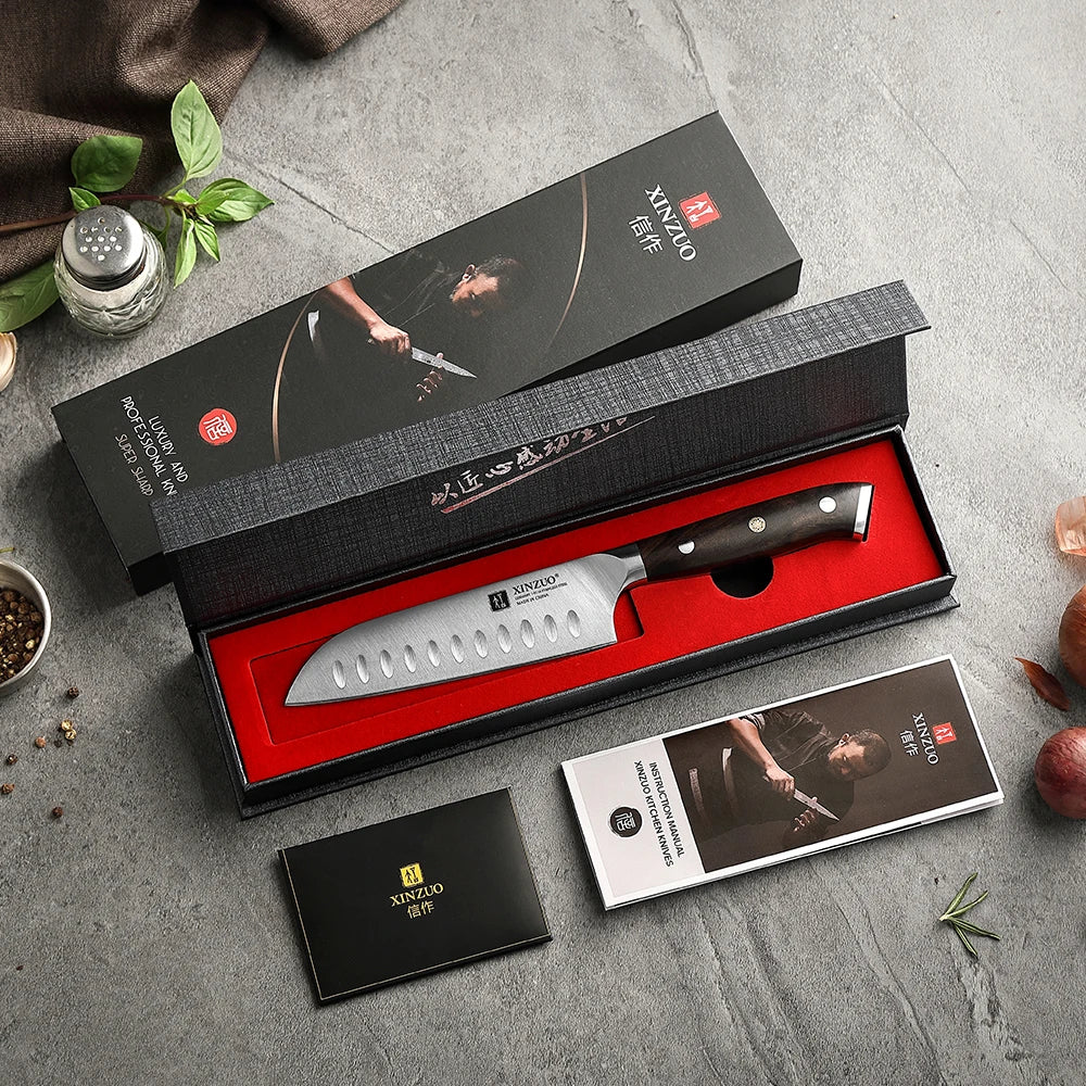 XINZUO 5-Inch Santoku Knife | German DIN 1.4116 Steel & Ebony Handle