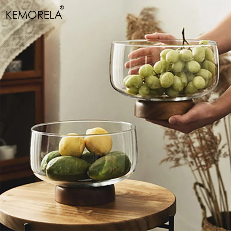 Glass & Acacia Wood Fruit Tray – Decorative Serving Bowl