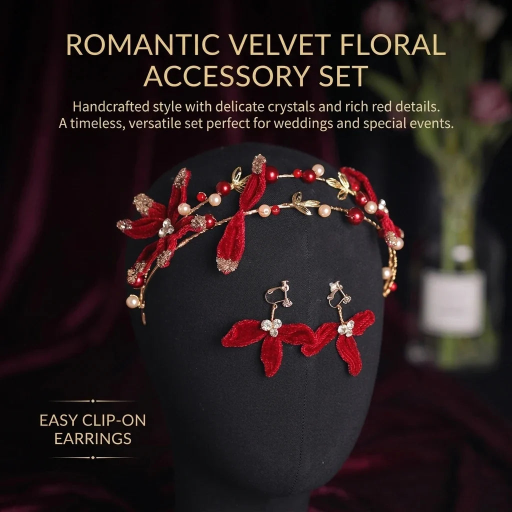 Red Velvet Bridal Headband & Earring Set | Chinese Wedding