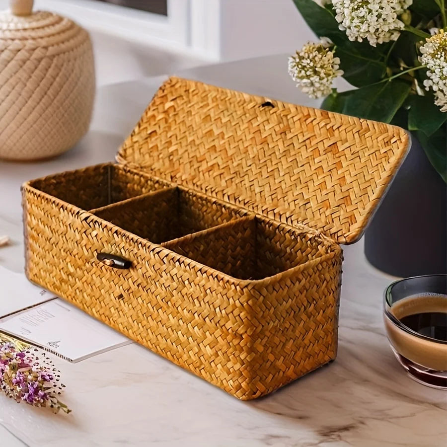 Partitioned Storage Box Handcrafted Woven Basket Rectangular Vintage