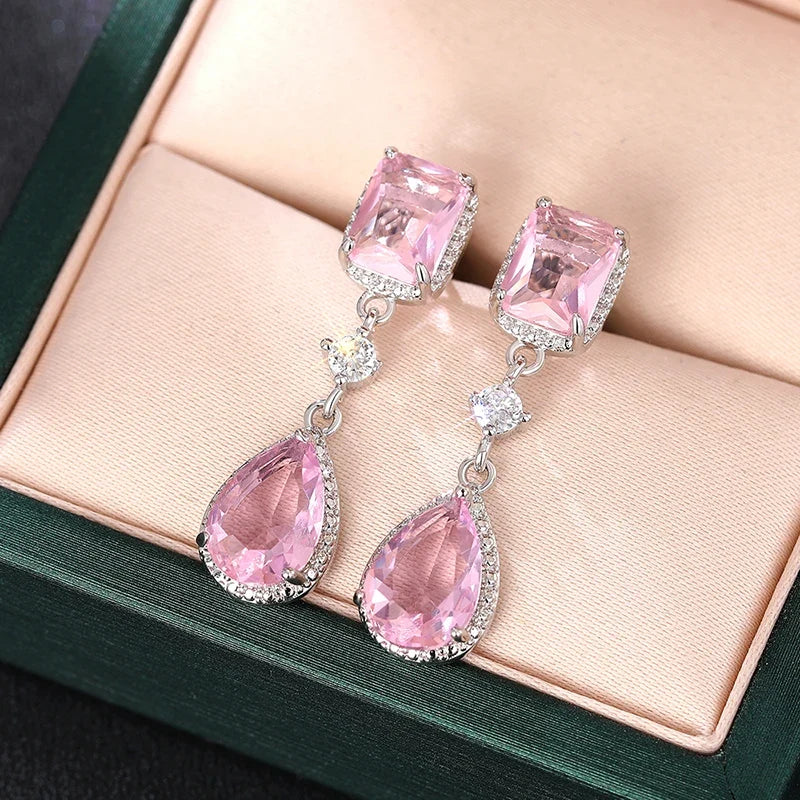 Huitan Pink & Yellow CZ Pear Drop Earrings | Dangle Jewelry