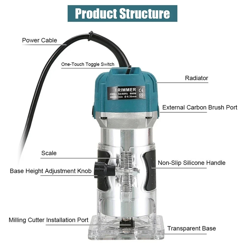 800W Electric Wood Router Trimmer | 1/4" Collet 30000 RPM