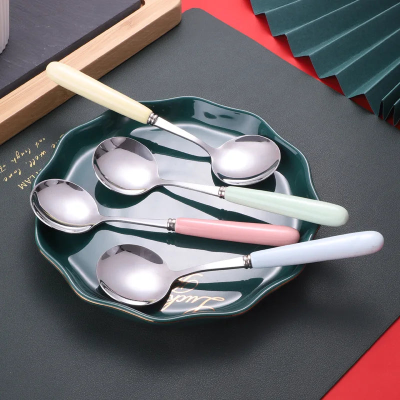 4-Piece Ceramic Handle Dessert Spoons – Stainless Steel Set