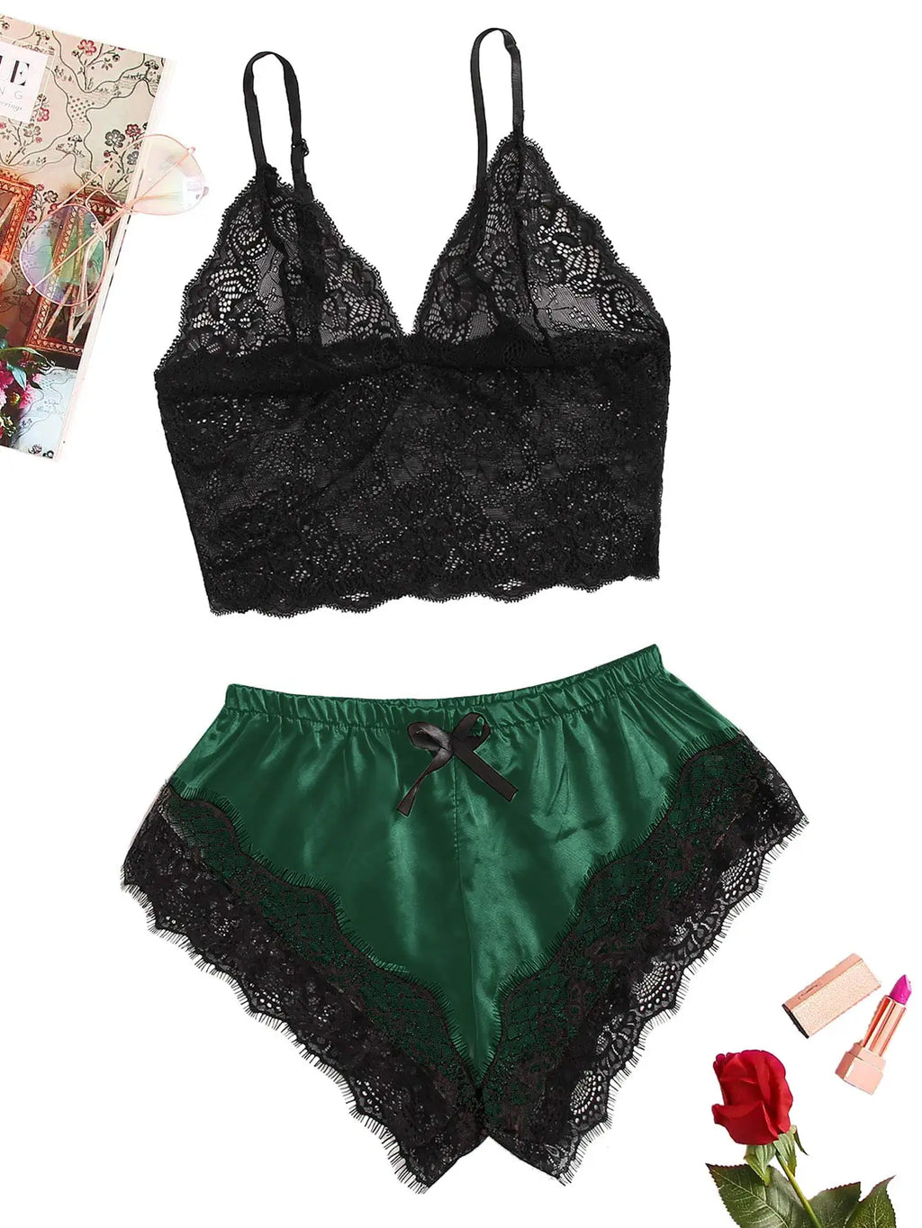 Women's Satin Lace Cami & Shorts Pajama Set – Black & Pink