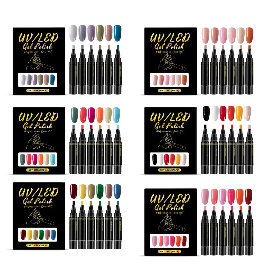 6-Color Gel Nail Art Pen Set | 3-in-1 DIY Manicure Kit