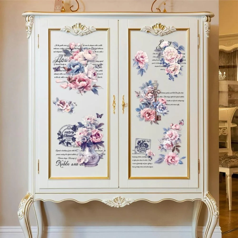 Vintage Peonies Rub-On Transfer Decals 6×12" – 3 Pack
