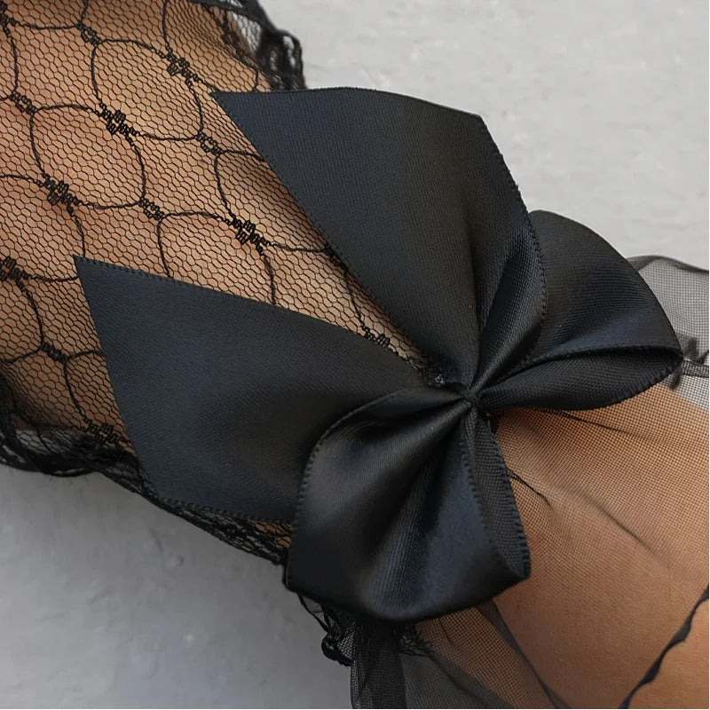 Y2K Punk Fingerless Gloves with Bow & Lace – Women's