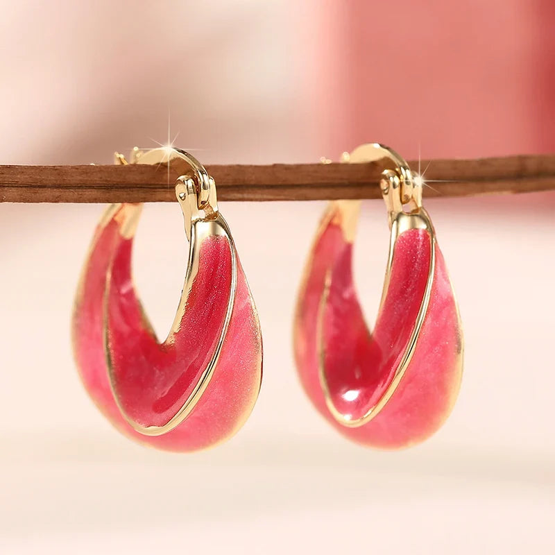 Huitan Wave Enamel Hoop Earrings – Red & Blue Fashion Jewelry