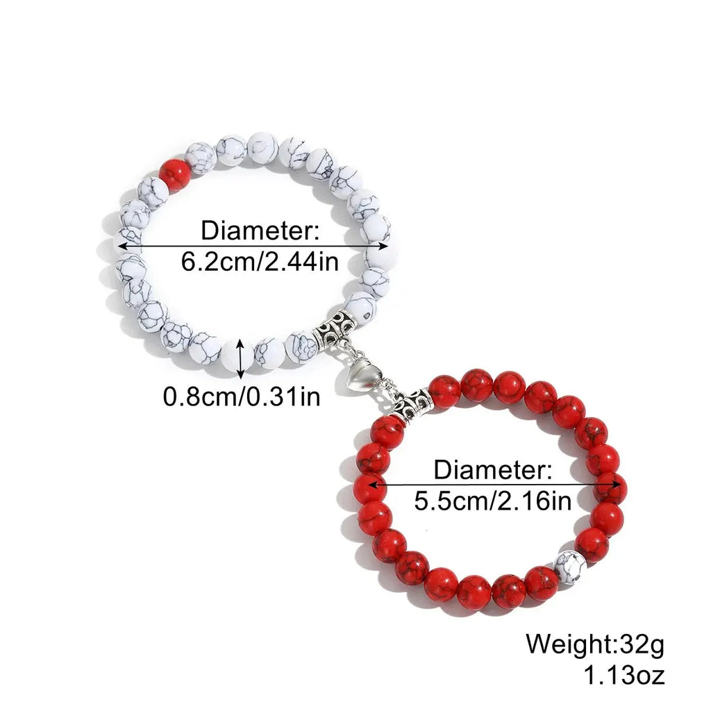 Natural Stone Bead Couple Bracelets Set – Heart Magnet, 2 Pcs