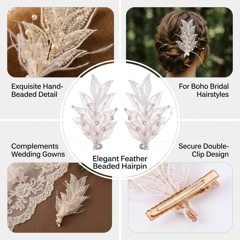 Bridal Hair Clip Beaded Edge – Feather & Pearl Wedding Barrette