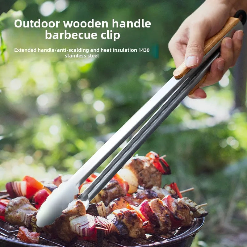 Stainless Steel BBQ Tongs with Heat-Resistant Wooden Handles