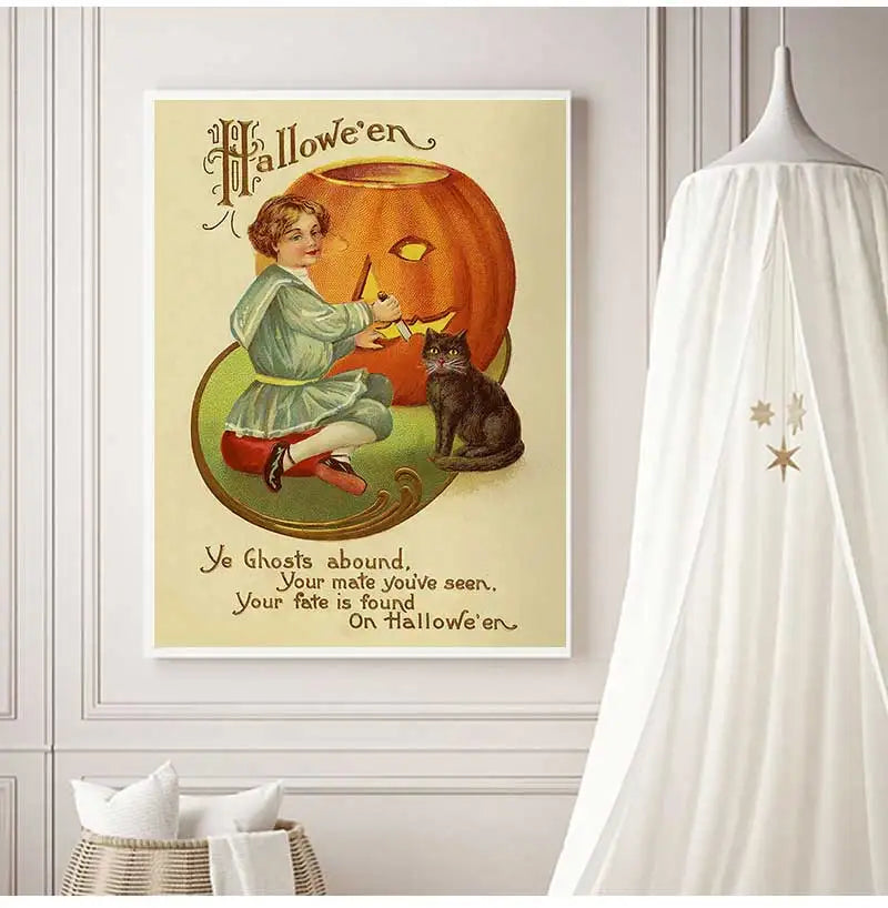 Retro Halloween Witch Pumpkin Canvas Wall Art Print | Unframed