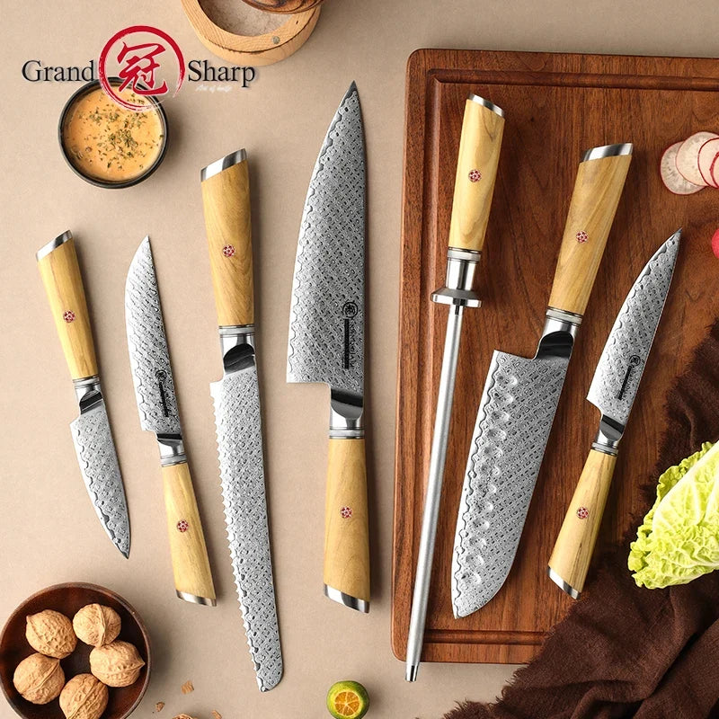 7-Piece Damascus Chef Knife Set – Japanese AUS-10 Olive Wood