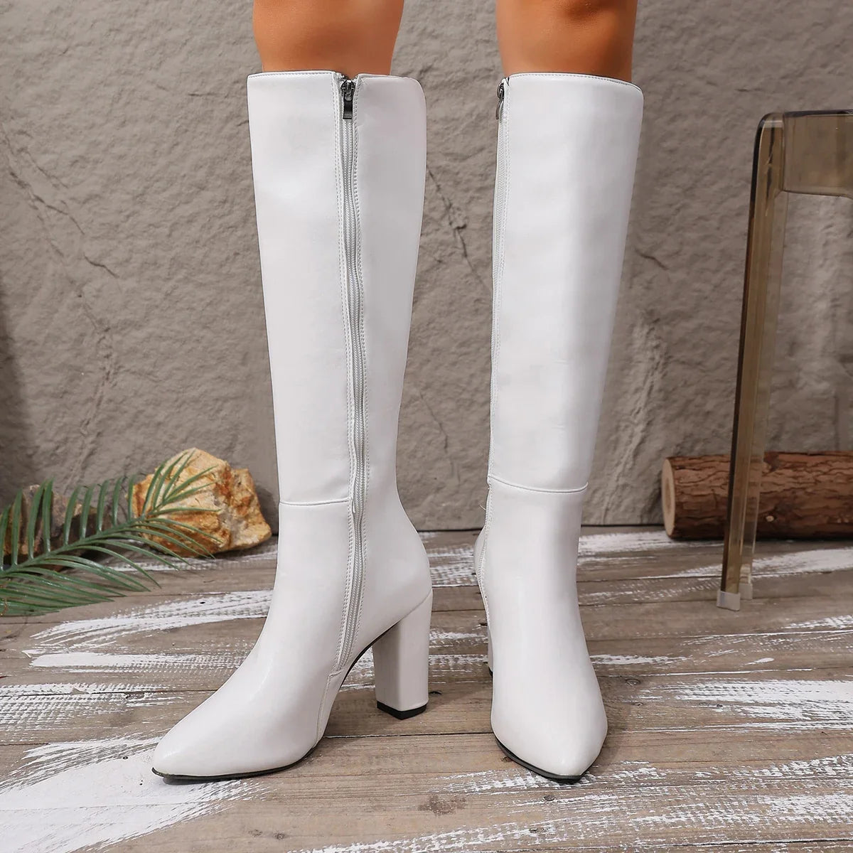 Women's Pointed Toe Knee-High Boots – Side Zip Square Heel