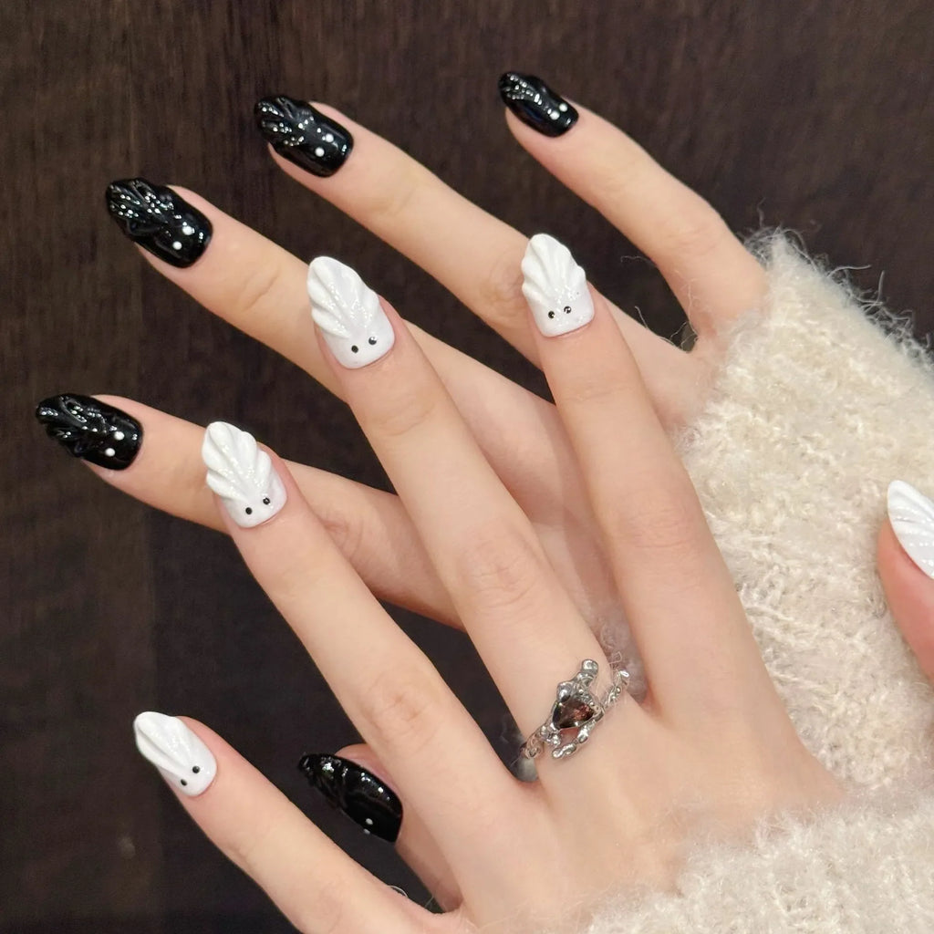 Halloween Ghost Press On Nails | 3D Almond Fake Nails Set 10pc