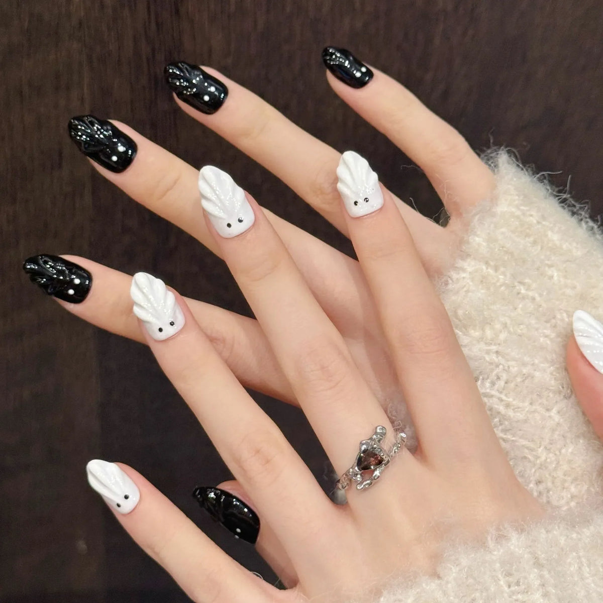 Halloween Ghost Press On Nails | 3D Almond Fake Nails Set 10pc