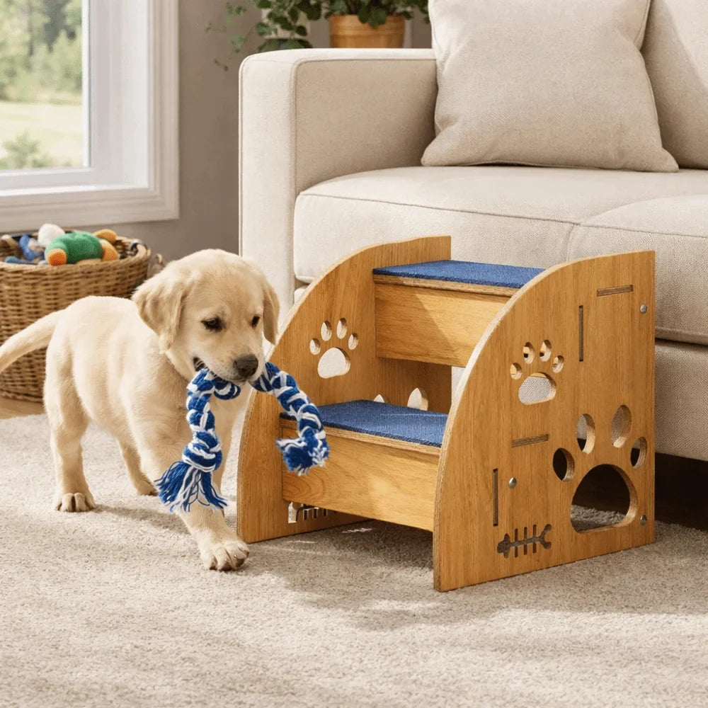 Non-Slip Wooden Dog Stairs with Safety Railing | Pet Steps