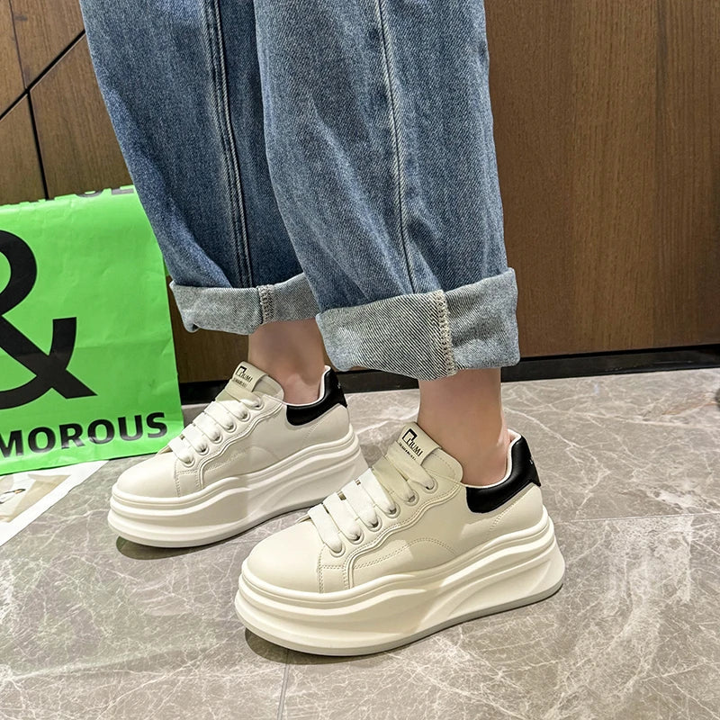 Women's White Platform Sneakers – PU Leather Lace-Up Flats