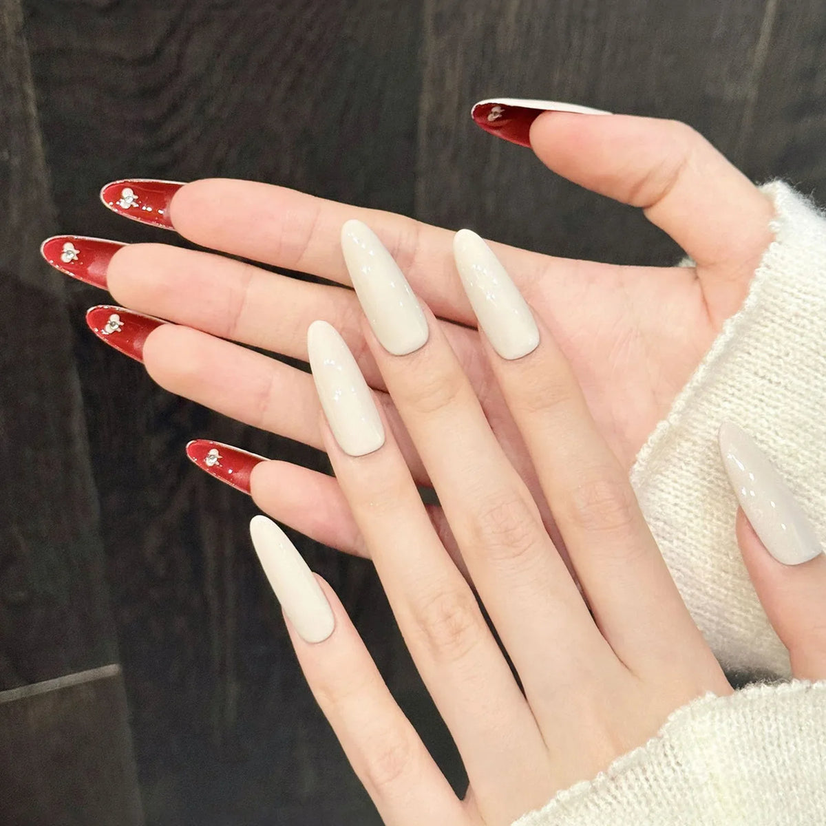 Handmade Almond Press-On Nails | Red Nude Velvet – 10pcs Set